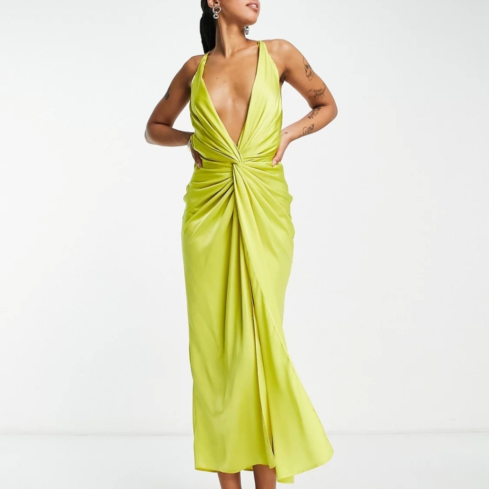 ASOS Design Satin Midi Dress with knot front and drape skirt